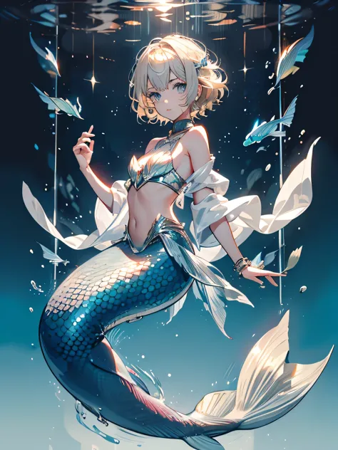 1 boy, short hairstyle, blond, silver eyes, fish scales on hands, mermaid, high quality