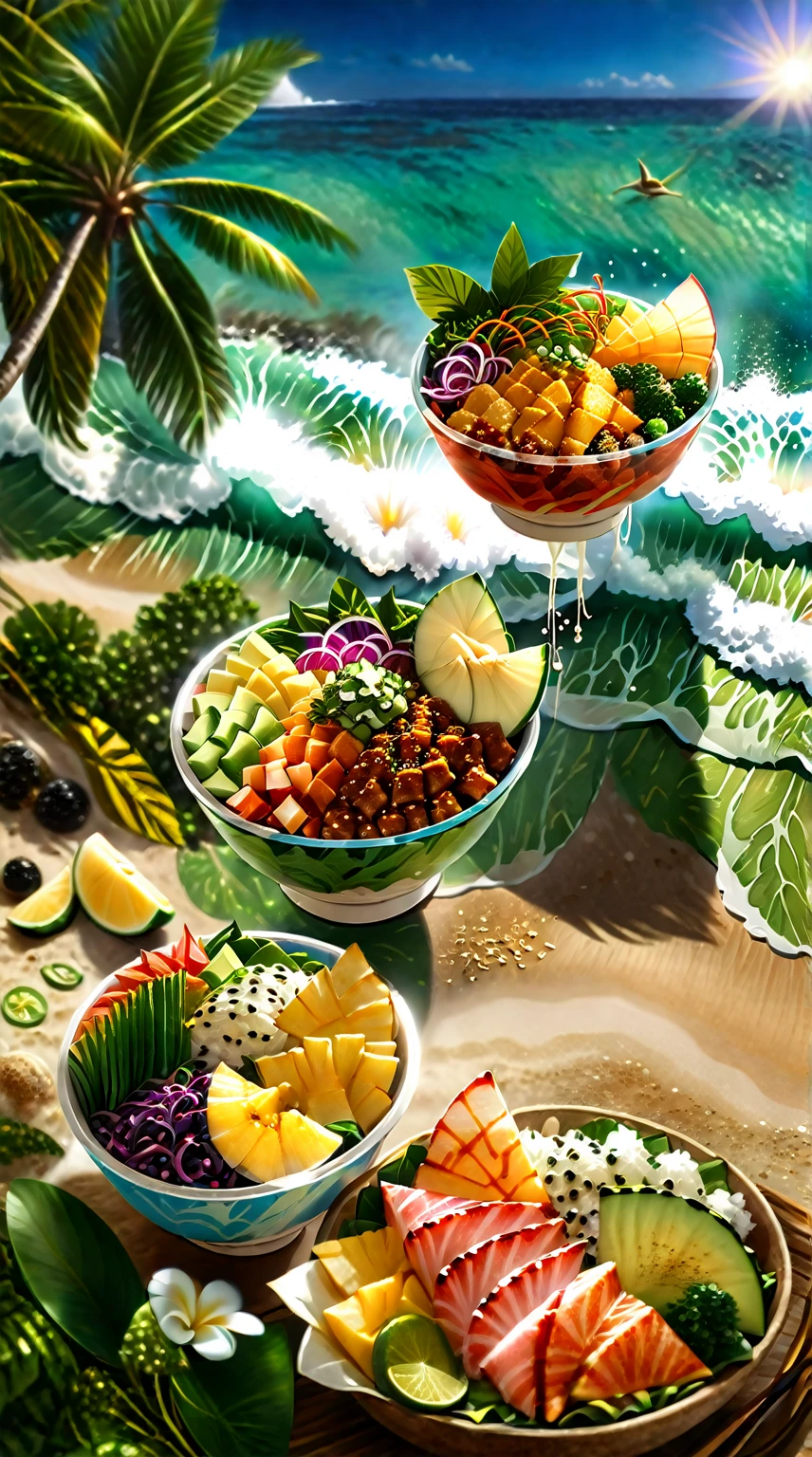 a mouthwatering assortment of hawaiian take away Poke Bowls on a sun-drenched beach flying, vibrant colors, glistening textures, photorealistic food photography, captivating food advertisement, delicious, tempting, appetizing