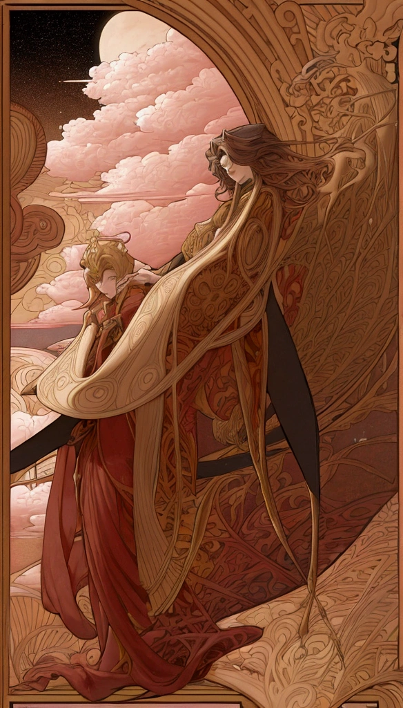 art nouveau style, handsome guy 15-20 years old, long hair, hair fluttering and intertwined with clouds, kimono, kimono fluttering, guy flying, chinese painting, fantasy, small trees growing at the guy's feet, god, garden, clouds, flowers, flying, detailed, line art, patterned complex frame on the image, linear black and white image, night sky in the background, moon, stars, no color