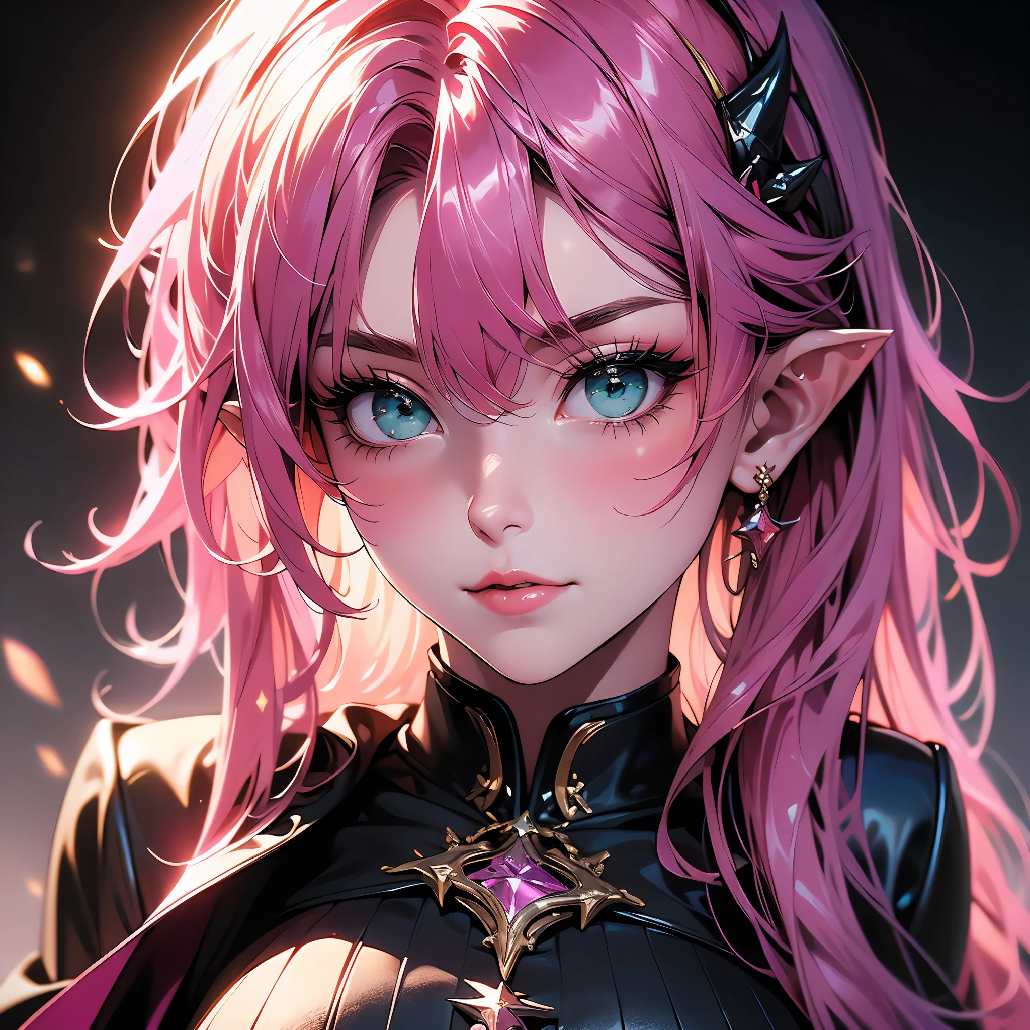 envision a 8k, highres, cinematic, beautiful extreme close up of a sexy woman with large breasts with Pink hair, multicolored hair, long bangs, green eyes, pointy ears, devil horns, Military Dress, Tactical Cape, pale skin, (((1girl))), in dark lighting, against a dark gray background