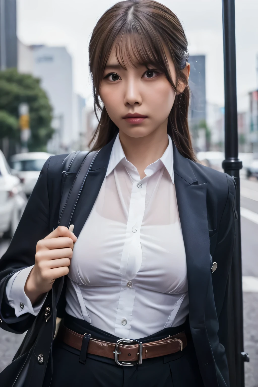 a woman in a suit, belt, hands behind back, sweating, suspenders, black pants, sexly, large breasts, see-through clothing, rain, detective, office worker, white button-up shirt, (best quality,4K,8k,highres,masterpiece:1.2),ultra-detailed,(realistic,photorealistic,photo-realistic:1.37),hyper-detailed,highly detailed face and body, Slender　thin　suspenders　Moderate breasts　See-through shirt　Nipples　holster　chain　Pistol　Armament　criminal　Female criminal　knife　japanese　profile　Japanese women　arrested handcuff　belt
