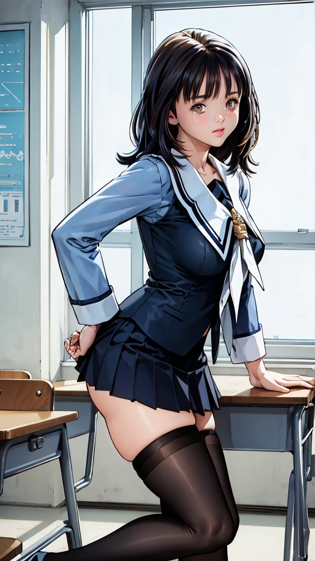 masterpiece, Highest quality, figure, Very detailed, The finer details, High resolution, 8k,wallpaper, Perfect dynamic composition,(Detailed high quality, Realistic depiction of eyes:1.3), From the side, High school classroom、Schoolgirl uniform、blazer 、Super Short Check Uniform Skirt、Navy blue knee-high socks、garter belt、huge 、Disheveled uniform, short hair, (Wavy Hair:1.2), Short Bob Hair, Black hair color, Large Breasts, Big Natural Color Lip, Acrobatic pose, Perfect figure, Crying a little、Harajuku Style、20-year-old girl、Cute type, Beautiful feet, Gravure idol pose, Voluptuous thighs