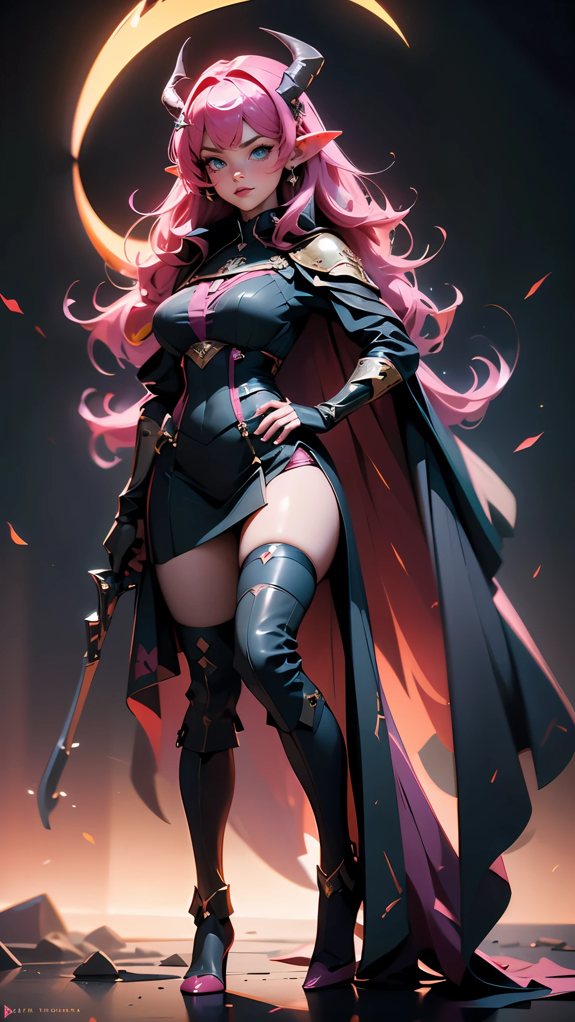 envision a 8k, highres, cinematic, beautiful Full Body Pinup of a sexy woman with large breasts with Pink hair, multicolored hair, long bangs, green eyes, pointy ears, devil horns, Military Dress, Tactical Cape, pale skin, (((1girl))), in dark lighting, against a dark gray background