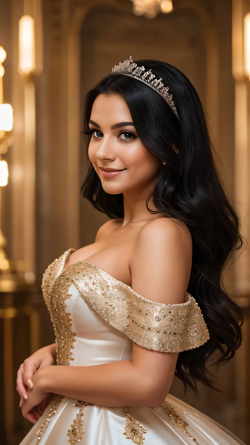 Realistic photo of the fullbody of a smiling Princess, beautiful black haired Princess with long hair, She dances in front of the camera in a long princess gown with off-shoulder straps made of shiny satin., Crown, Park,glamour fotoshooting, Wedding celebration, perfect anatomy, perfect brown eyes. Perfect hands with 5 fingers on each hand, Suitable woman , looking at the camera, 1 Frau. (Eye make up:1.1), (highly detailed skin:1.1), spirit, analog style, keen focus, 8K  UHD, dslr, good quality, Fujifilm XT3, Grain, Award-winning, ​masterpiece. Ball