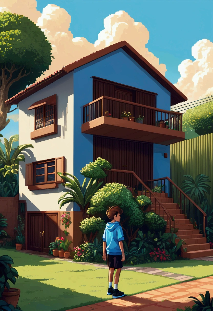 Pixelart style, Scenario, Sunnyday, typical brazilian house, the house has a covered area, in it there is a boy with brown hair with a pompadour, blue sweatshirt, black shorts and black shoes