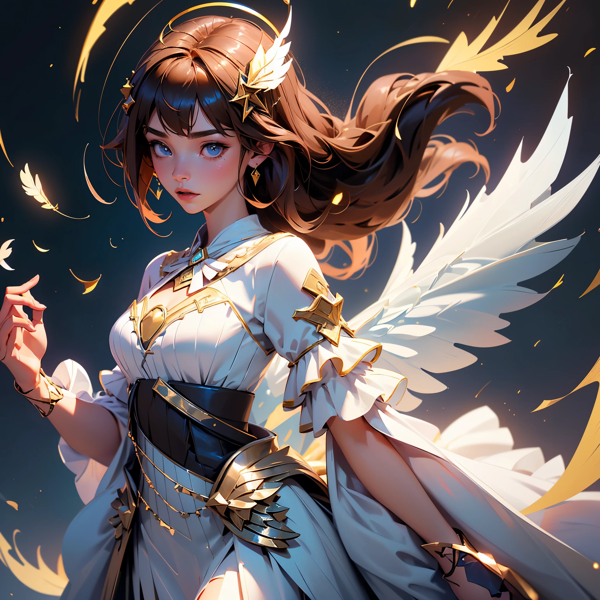 envision a 8k, highres, cinematic, beautiful close up Pinup of a sexy older mature goddess with a strong face, brown hair, long bangs, blue eyes, halo, waist wings, heavenly dress, heavenly feather cape, golden aura, magic effects, pale skin, (((1girl))), in dark lighting, against a dark gray background