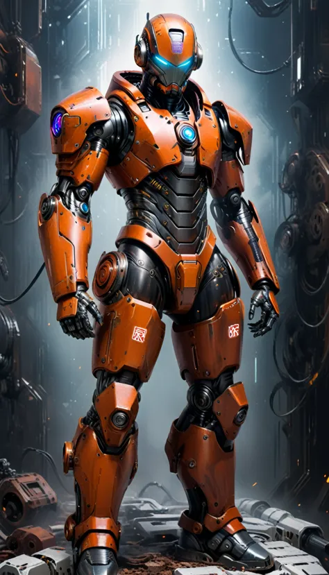 wearing a mechanical suit, Mechanical marvel, cyber punk, Cyber Guardian, futuristic armor, whole body, front pose, symetry, intrikate (steel metal [rust]), joints, war style, cyborg, male body and armor, chainsaw man  