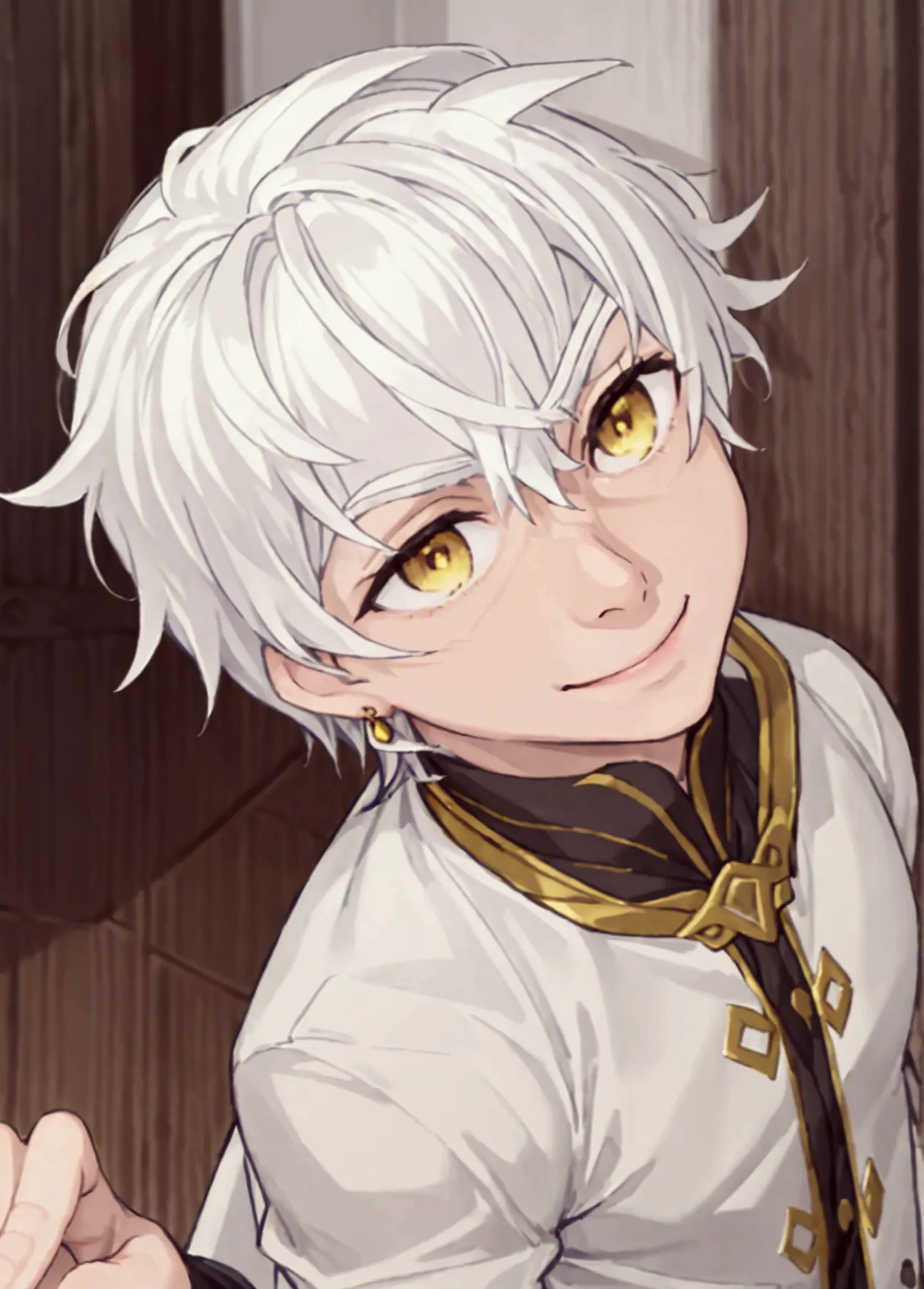 masterpiece, best quality, , 1boy, solo, male focus, depth of field, regulus_corneas, white hair, yellow eyes, jewelry, long whi...