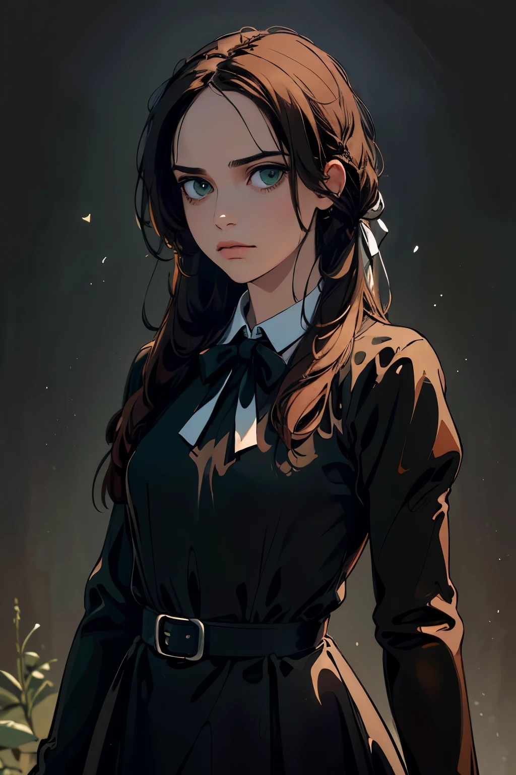 ((masterpiece, best quality)),best aesthetic,1girl, solo, long hair, black dress, flower, ribbon, black background, black hair, rose, hair ribbon, green eyes, long sleeves, white rose, closed mouth, black ribbon, upper body, cinematic lighting