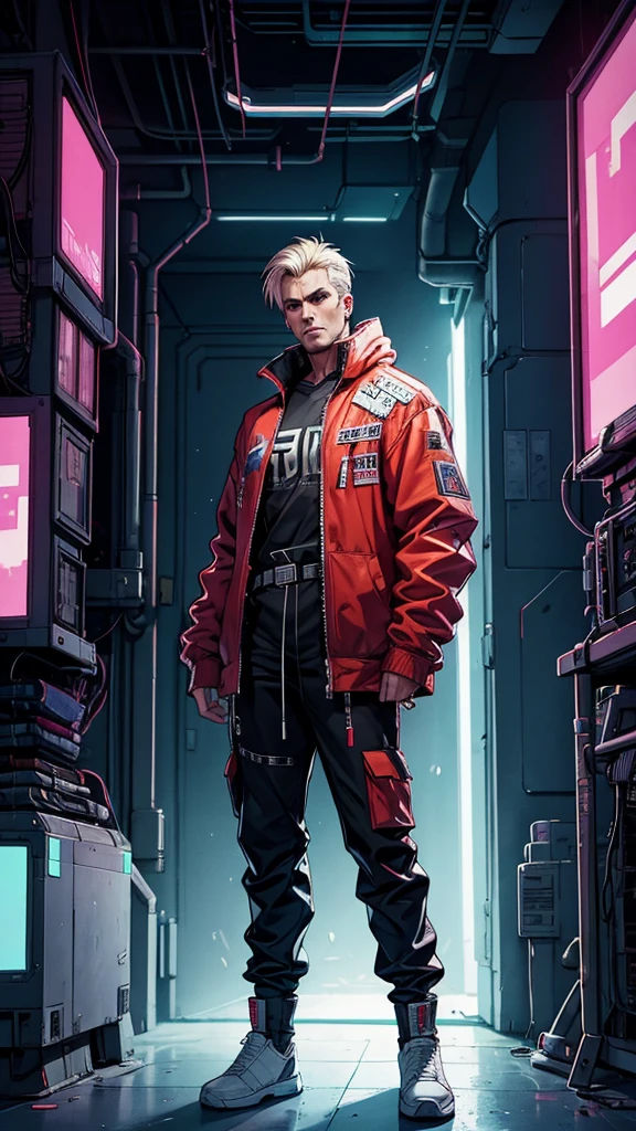 "crie um homem, fully body, wearing a neoclassical cyberpunk outfit similar to the Flah&#39;s uniform with red and gold colors,. The costume must be detailed, with elements that reflect the aspects of a light speed power. The style should be inspired by Marvel Comics and DC Comics, with a powerful and imposing appearance, showing him running at high speed on a track, 8k, in the best possible quality."