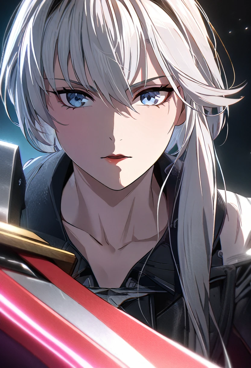 silver hair, anime, anime style, Gothic art, cinematic lighting, social media composition, pov, perspective, UHD, retina, masterpiece, accurate, anatomically correct, textured skin, super detail, high details, high quality, award winning, best quality, highres, 16k, HD, UHD, posing with a sword, unaestheticXL_bp5, (negative_v2 Color_Balance_Calibration:0.8), (SuperQuality:1.0) ~ (SuperQuality:1.2), AissistXLv2, badhandv4