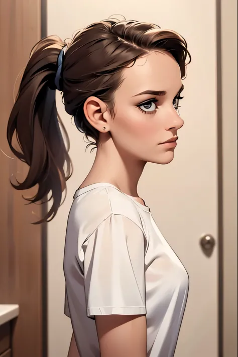 ((masterpiece, best quality)), a woman in a t shirt , looking from the side, with a ponytail