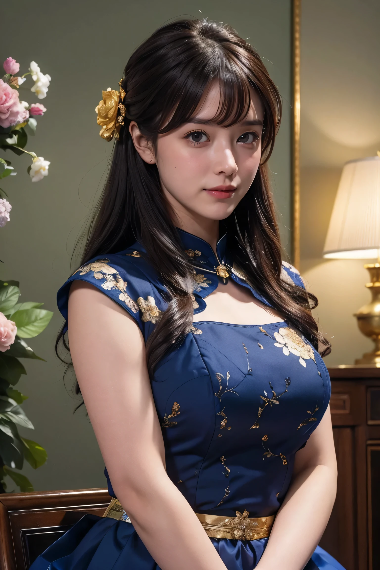 Medium display, Medium Shot, Written boundary depth, bust, Upper Body, Movie angle, masterpiece, Highest quality, Very detailed, CG, 8k wallpaper, Beautiful Face, Delicate eyes, Otome, alone, smile, bangs, skirt, shirt, have, Cobalt blue dress with gold trim, Floral Background