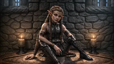 young warrior, elf, claws on feet and hands, pointy ears, leather pants and boots, medieval clothes and atmosphere, leather brac...