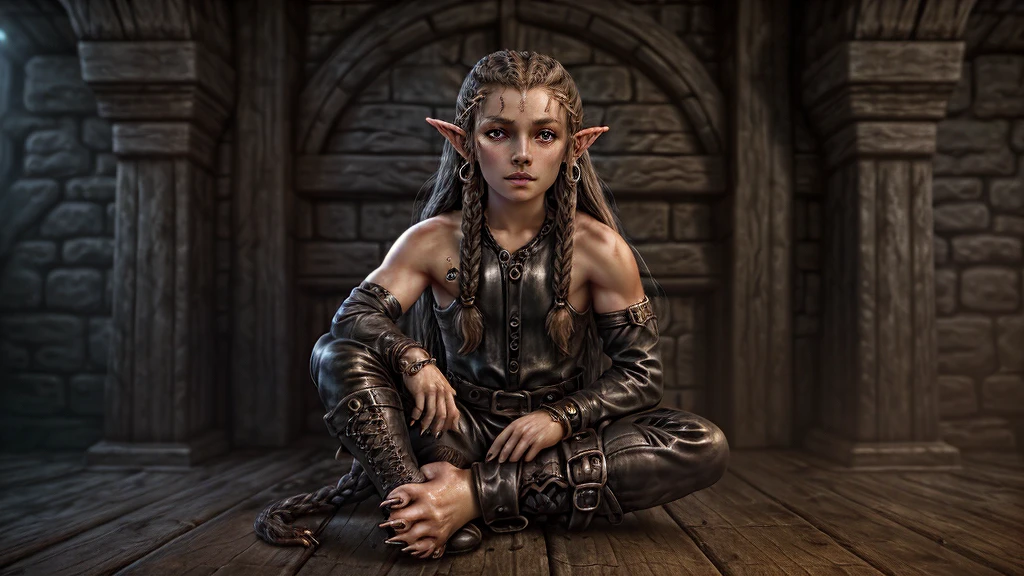 Young warrior, elf, claws on feet and hands, pointy ears, leather pants and boots, Medieval clothes and atmosphere, leather bracelet on the arms, long hair with braids
