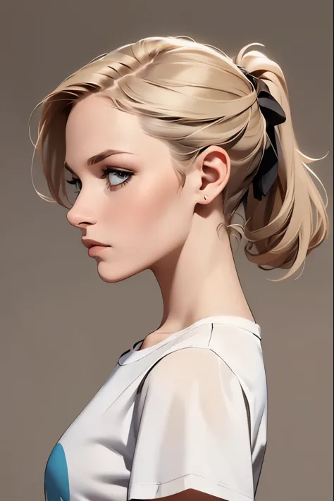 ((masterpiece, best quality)), a woman in a t shirt , looking from the side, with a ponytail