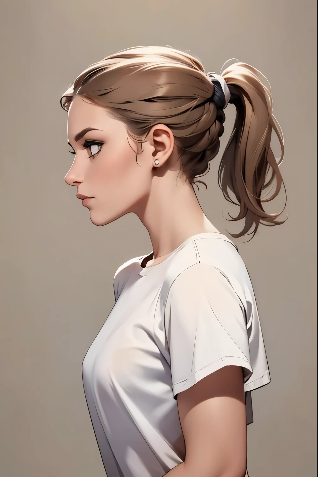 ((masterpiece, best quality)), a woman in a t shirt , looking from the side, with a ponytail