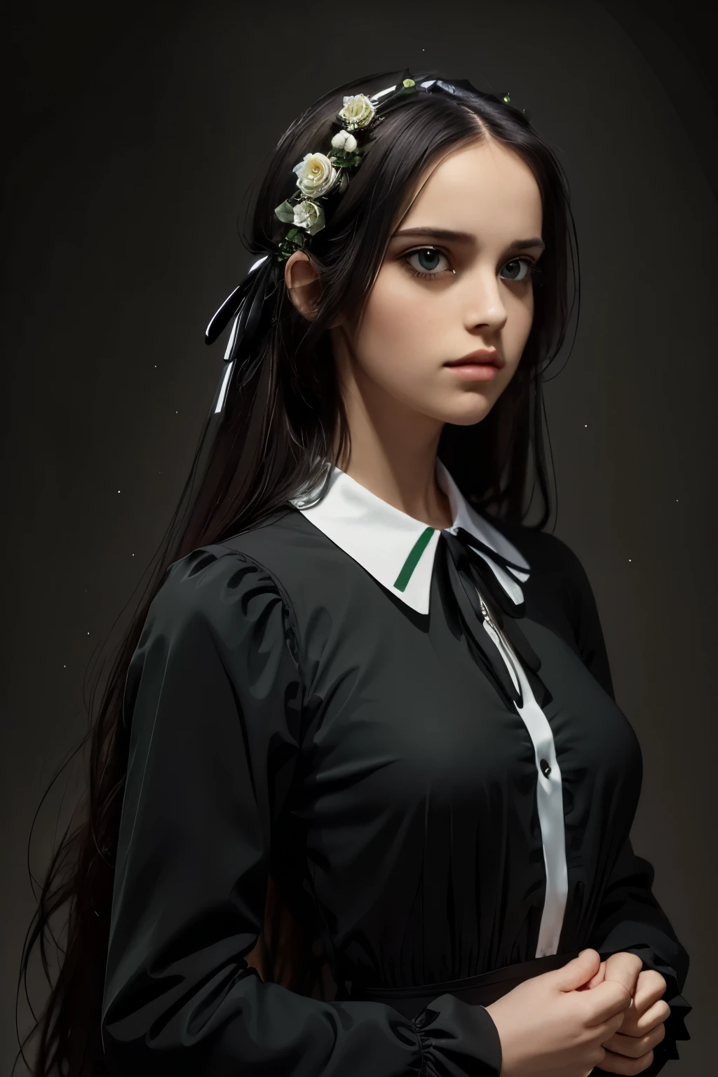 ((masterpiece, best quality)),best aesthetic,1girl, solo, long hair, black dress, flower, ribbon, black background, black hair, rose, hair ribbon, green eyes, long sleeves, white rose, closed mouth, black ribbon, upper body, cinematic lighting