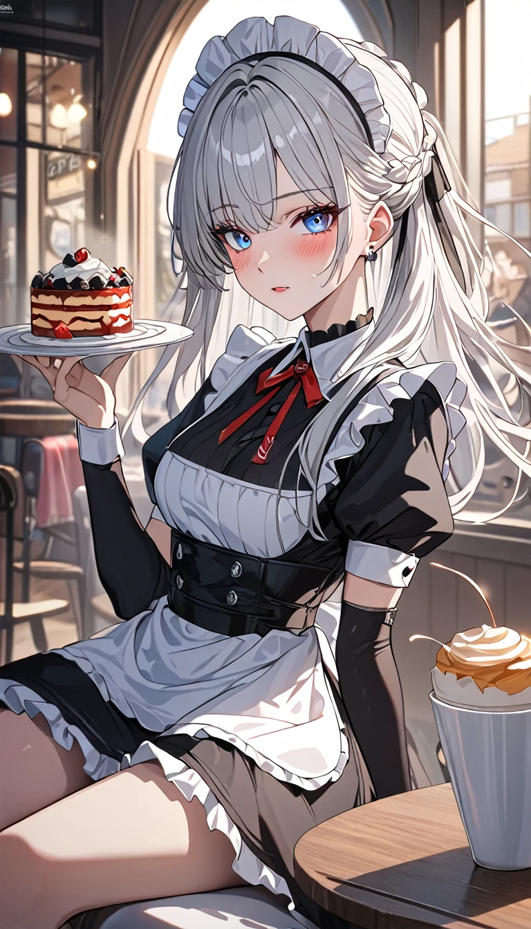 silver hair, anime, anime style, Gothic art, cinematic lighting, social media composition, perspective, UHD, retina, masterpiece, accurate, anatomically correct, textured skin, super detail, high details, high quality, award winning, best quality, highres, 16k, HD, UHD, unaestheticXL_bp5, (negative_v2 Color_Balance_Calibration:0.8), (SuperQuality:1.0) ~ (SuperQuality:1.2), AissistXLv2, badhandv4, red eyes, blue eyes, maid, blush, embrassed, multi colored eyes, maid cafe, elegance