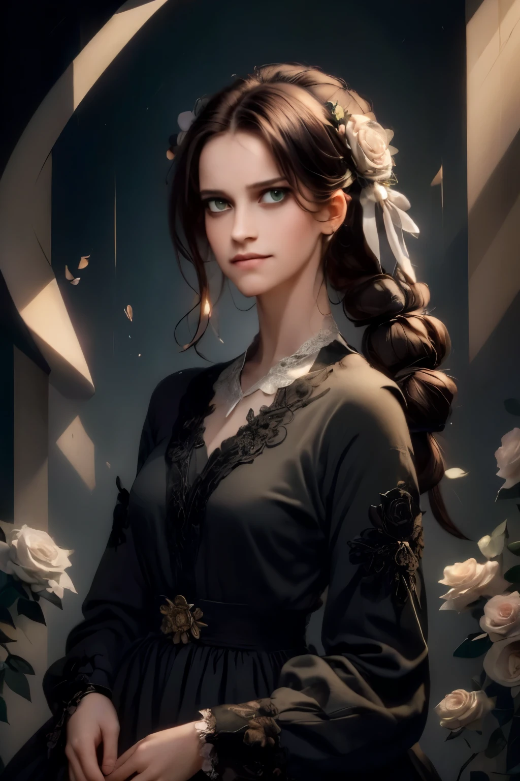 ((masterpiece, best quality)),best aesthetic,1girl, solo, long hair, black dress, flower, ribbon, black background, black hair, rose, hair ribbon, green eyes, long sleeves, white rose, closed mouth, black ribbon, upper body, cinematic lighting