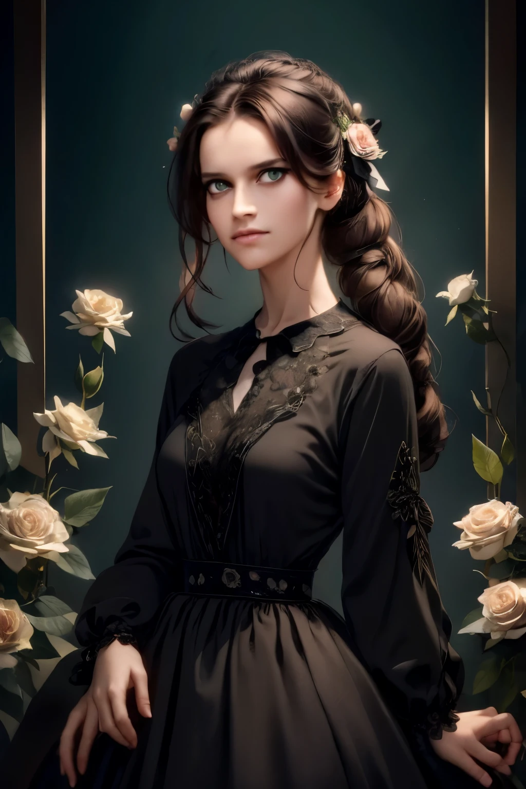 ((masterpiece, best quality)),best aesthetic,1girl, solo, long hair, black dress, flower, ribbon, black background, black hair, rose, hair ribbon, green eyes, long sleeves, white rose, closed mouth, black ribbon, upper body, cinematic lighting