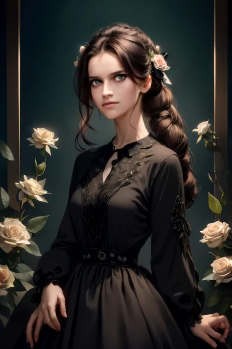 ((masterpiece, best quality)),best aesthetic,1girl, solo, long hair, black dress, flower, ribbon, black background, black hair, ...