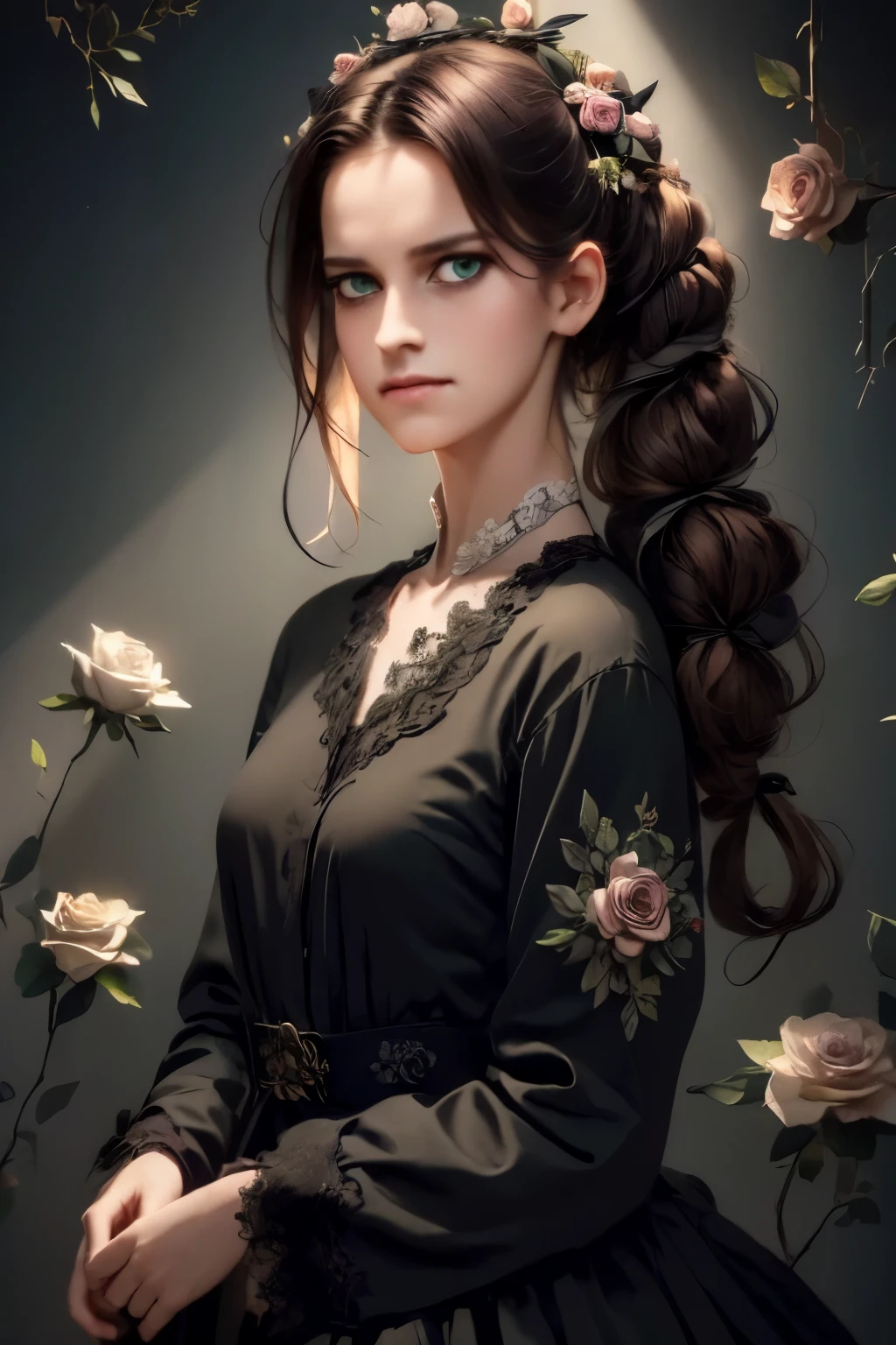 ((masterpiece, best quality)),best aesthetic,1girl, solo, long hair, black dress, flower, ribbon, black background, black hair, rose, hair ribbon, green eyes, long sleeves, white rose, closed mouth, black ribbon, upper body, cinematic lighting