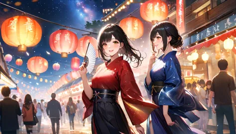 summer festival,night, starry sky,yukata,having a fan,gazing at the sky,blur the background,high school girl,smile,glitter effec...