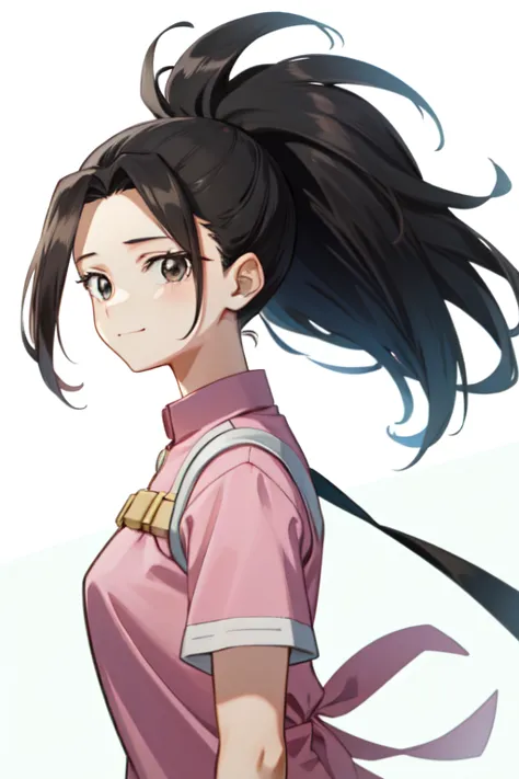 momo mha,yaoyorozu momo,  pink shirt, long hair, smile, upper body, solo, black eyes, looking at viewer, 1girl, shirt, simple ba...