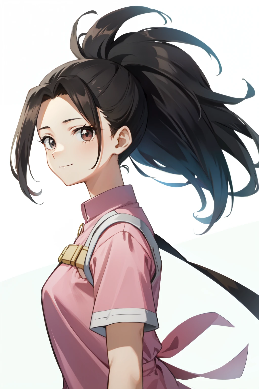 momo mha,yaoyorozu momo,  pink shirt, long hair, smile, upper body, solo, black eyes, looking at viewer, 1girl, shirt, simple background, from side, white background,  ponytail, black hair 