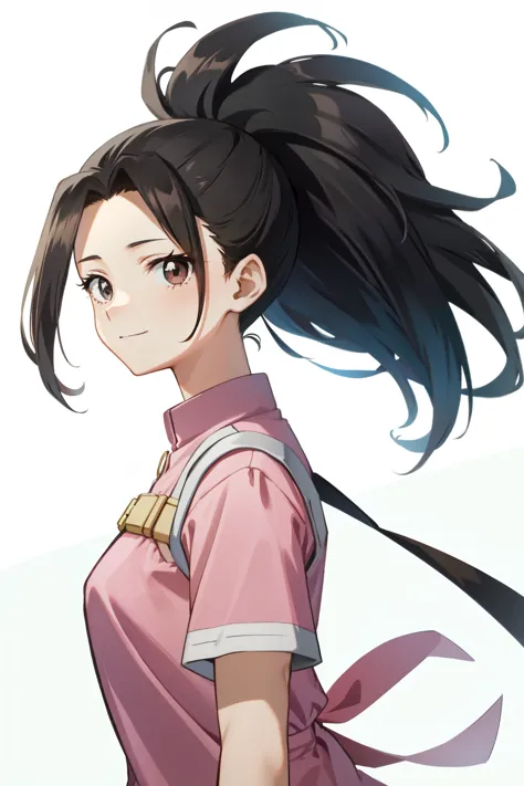 momo mha,yaoyorozu momo,  pink shirt, long hair, smile, upper body, solo, black eyes, looking at viewer, 1girl, shirt, simple ba...