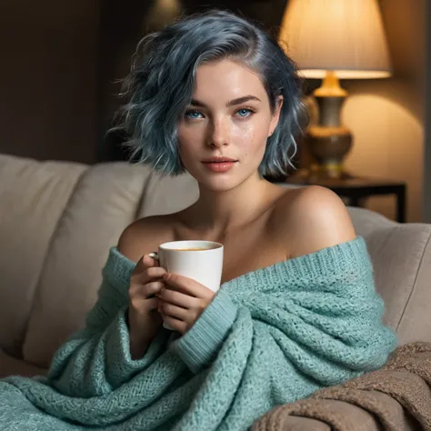 (((woman, 20 years old, nordic ethnicity, short blue hair, perfect face, light freckles, blue-green eyes))), ((curled up on a la...