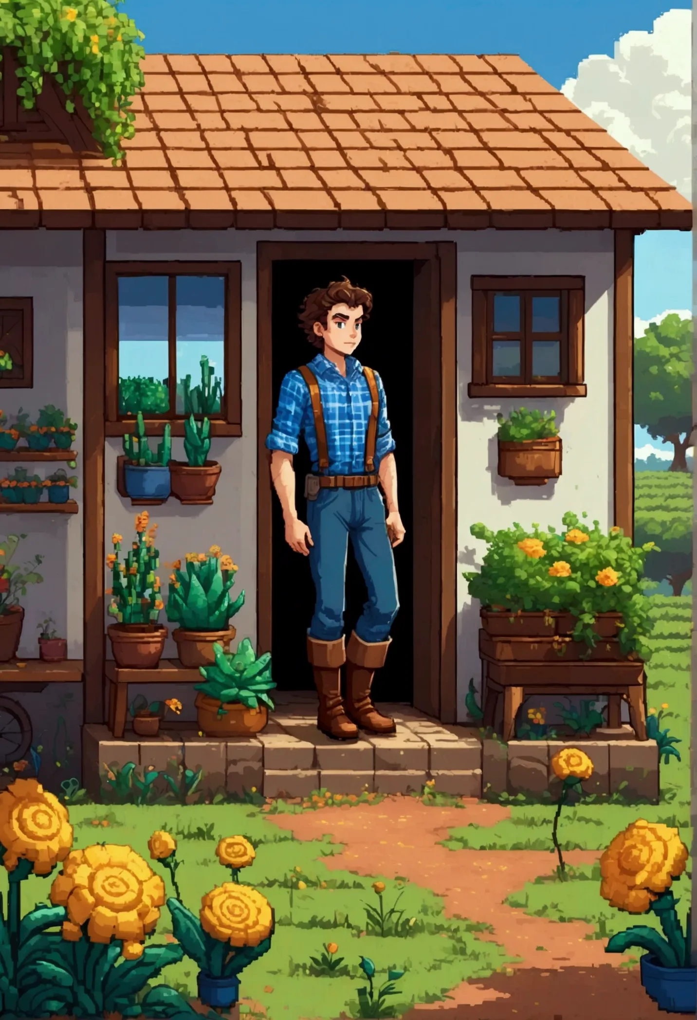 pixel art style, scenario, sunnyday, very beautiful typical brazilian farm house, a small farm, in it there is a young adult wit...