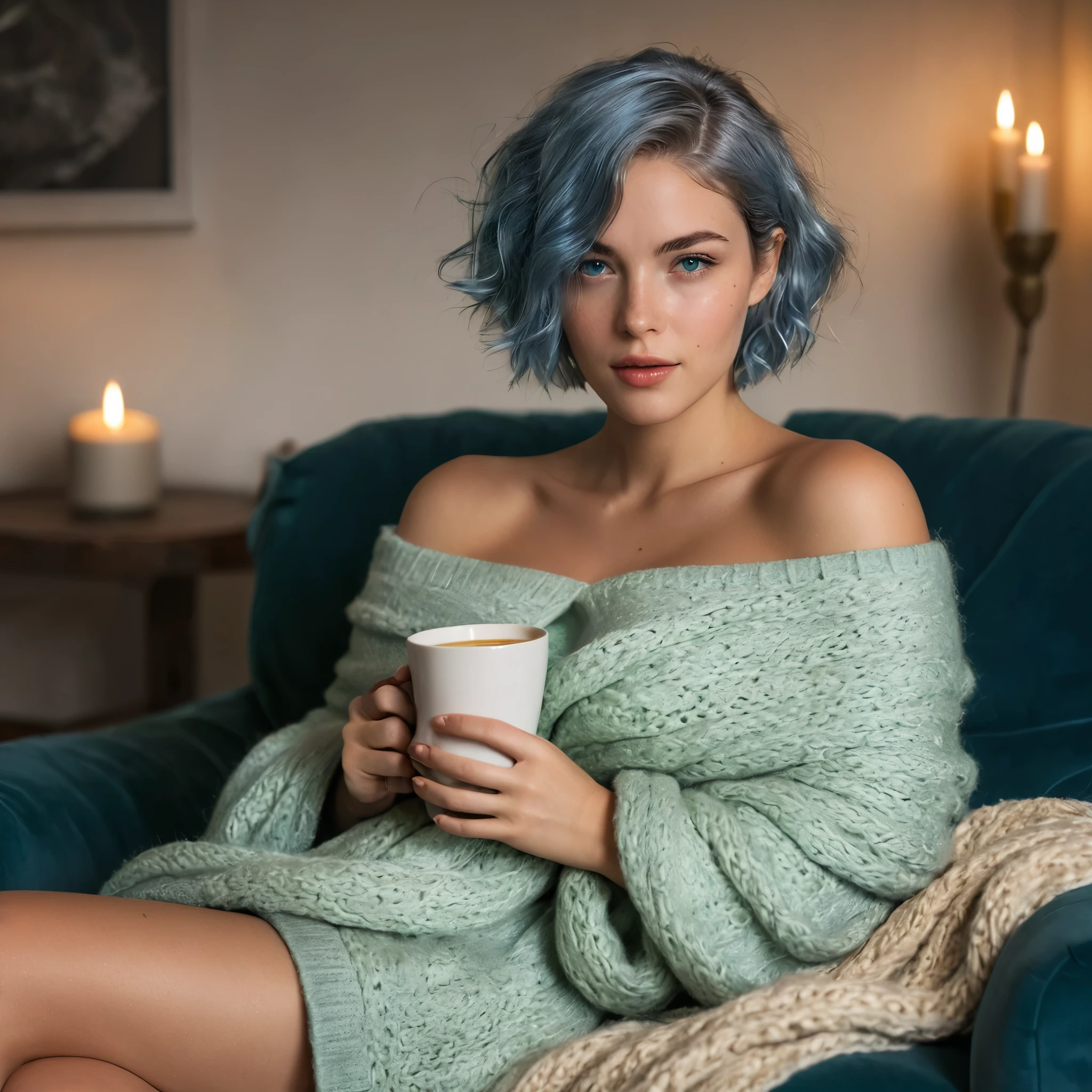 (((Woman, 20 Years Old, Nordic Ethnicity, short blue hair, perfect face, light freckles, Blue-Green Eyes))), ((curled up on a large armchair, legs tucked under her, with a cozy blanket draped over her lap)), (wearing a loose, off-the-shoulder sweater). ((Holding a steaming cup of coffee with both hands, looking directly at the camera with a sultry gaze)), (((soft, dim lighting creating a warm and intimate ambiance))), (cozy living room setting with candles and soft textures). (((Color palette - beige, gold)), (best quality, 8k, masterpiece, ultra-detailed, photorealistic, soft lighting, sharp focus).