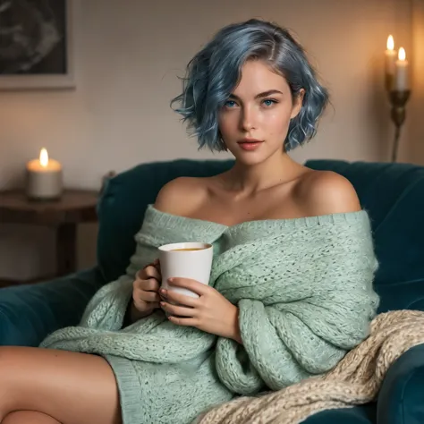 (((woman, 20 years old, nordic ethnicity, short blue hair, perfect face, light freckles, blue-green eyes))), ((curled up on a la...