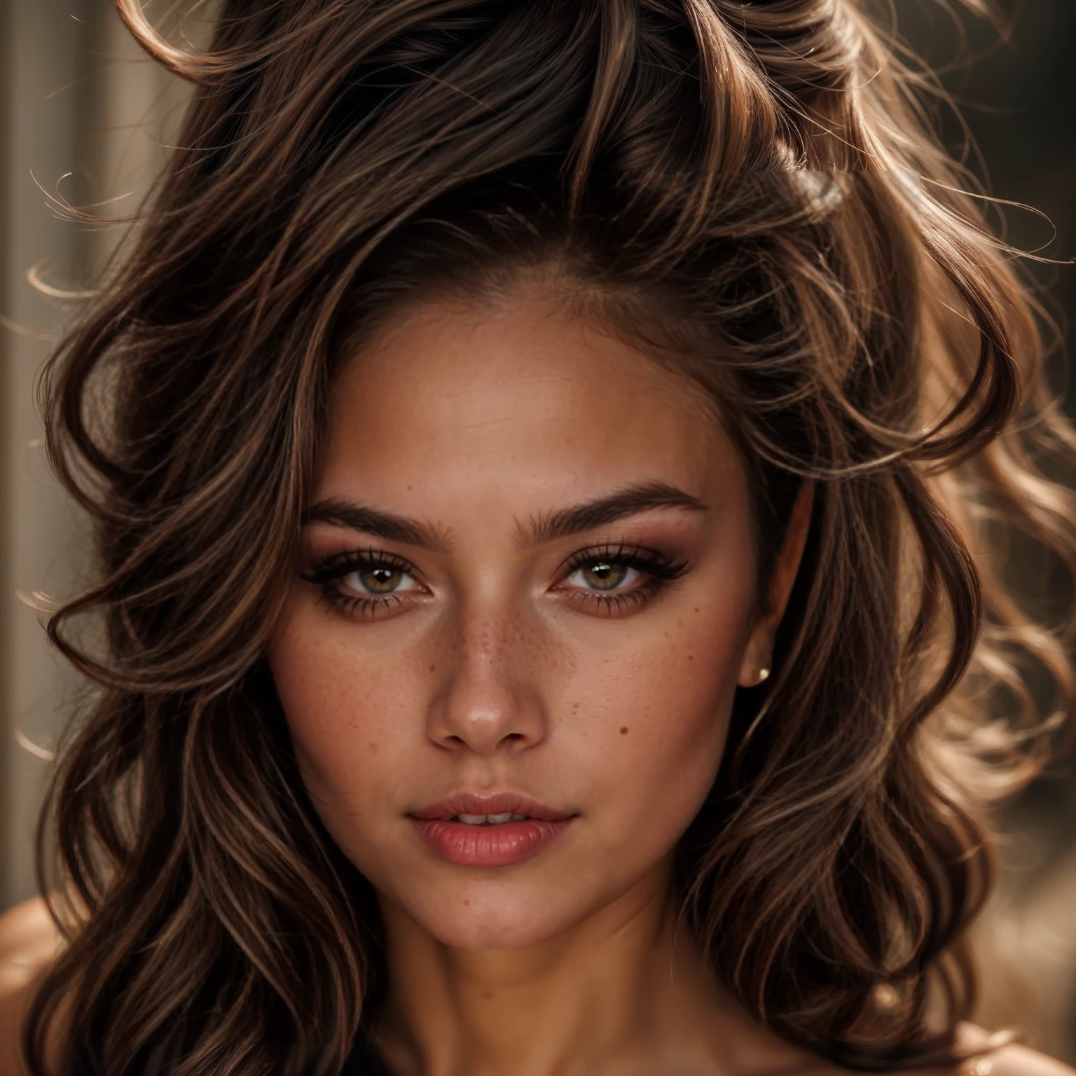 (masterpiece:1.4), (best quality:1.4), ultra-high-resolution, 8K, CG, (unparalleled beauty and striking elegance:1.3). Create an image of the most breathtakingly beautiful Spanish woman imaginable. Her face is the epitome of classic beauty: her large, slightly asian and almond-shaped fox eyes are a mesmerizing shade of deep brown, framed by long, fluttering lashes and perfectly arched eyebrows. Her high cheekbones and delicate, porcelain skin are illuminated with a soft, natural glow. Her full, plump lips, painted in a rich, subtle rose, curve into a serene and confident smile. Her dark, glossy hair flows in loose, effortless waves, adding a touch of glamour. The background is softly blurred, focusing all attention on her captivating, elegant features and radiating an aura of timeless beauty. Perfect foundation accentuates her tanned complexion, featuring subtle freckles. A headpiece crowns her radiant locks, straight and flowing like Adriana Lima's. Her button nose and luscious lips, akin to Kardashian's, curve upwards in a sultry smile.