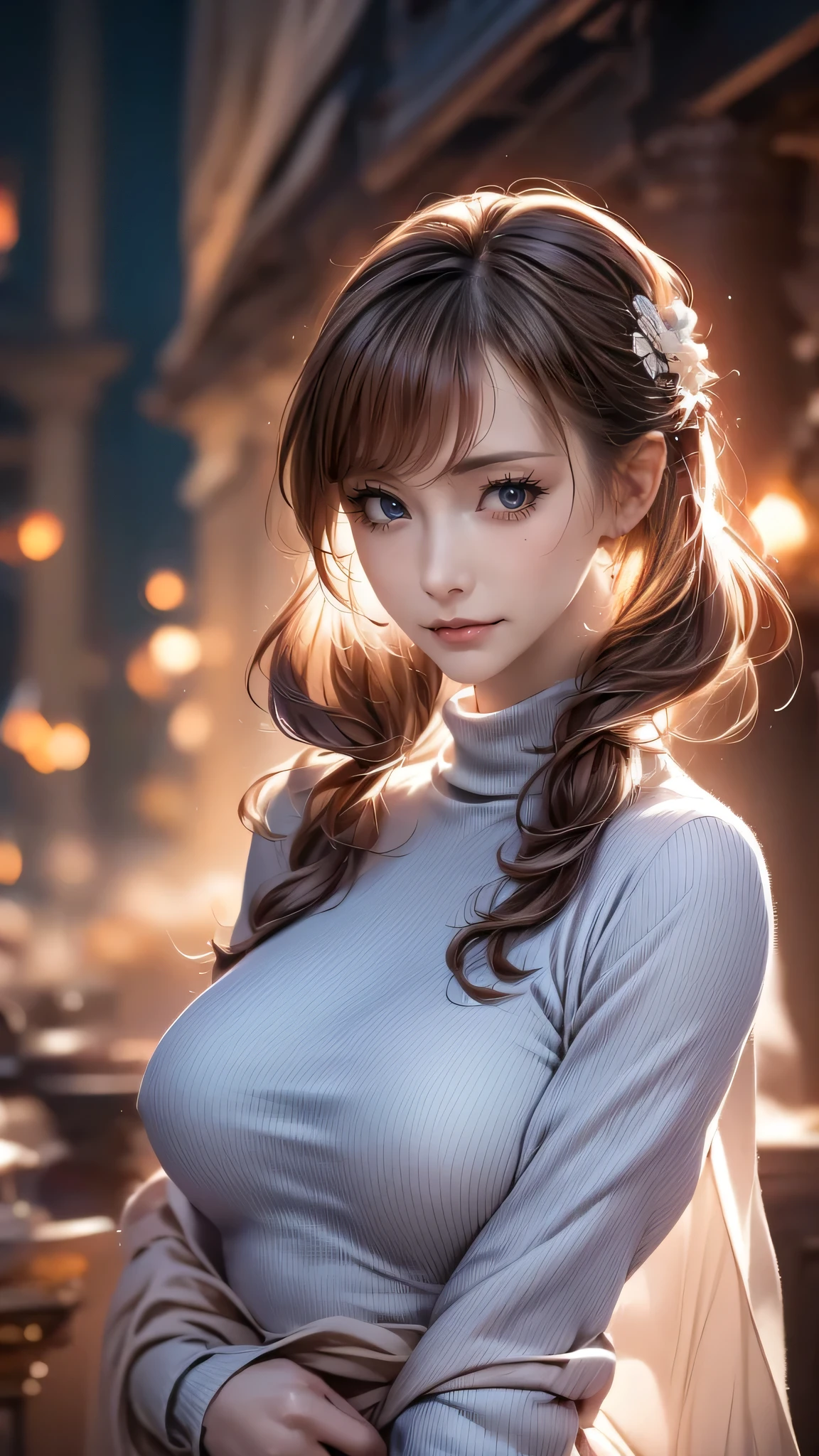 one 1 girl, (Light dark blue turtleneck sweater), Raw photo, highest quality, photorealistic, very delicate and beautiful, very detailed, 8K wallpaper, High resolution, soft light, very detailed目と顔, beautifully detailed nose, detailed and beautiful eyes, cinematic lighting, night city lights, perfect anatomy, slender body, well-shaped chest, straight hair, smile, asymmetrical bangs, light brown hair