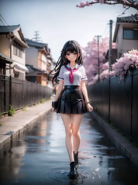 1girl, black skirt, branch, building, chain-link fence, cherry blossoms, fence, long hair, outdoors, petals, pleated skirt, rain...