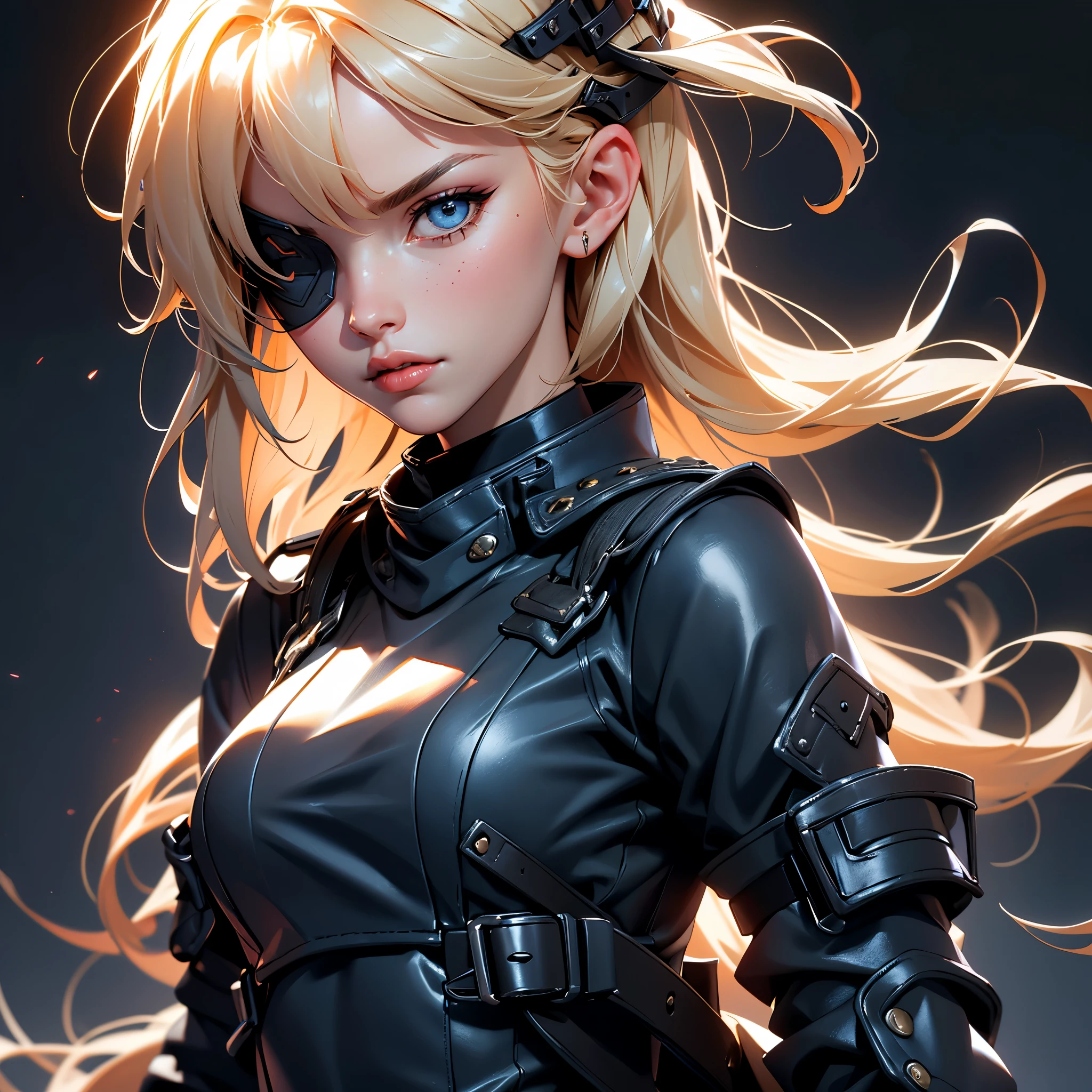 envision a 8k, highres, cinematic, beautiful semi realistic extreme close up Pinup of a sexy older mature lady with a slender body, strong face, straight blonde hair, long bangs, blue eye, Nikke Guillotine, eyepatch, Military Dress, General Hat, Metal Collar, Riot Gear, Police Vest, pale skin, ((((1girl)))), in dark lighting, against a dark gray background