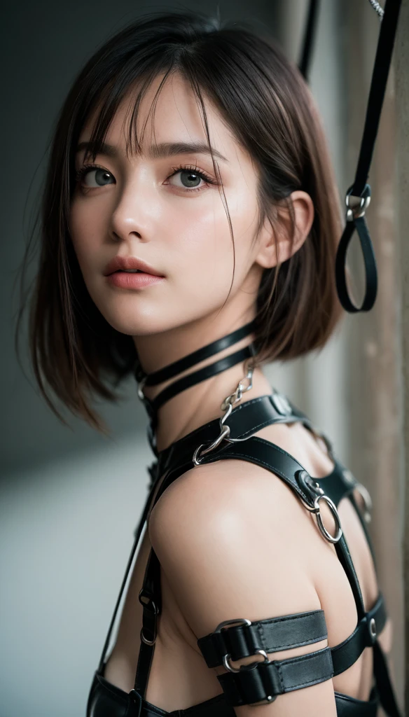 ((BDSM))、((Hanged:1.3))、((Tied Up:1.3)), Dark torture chamber、masterpiece, Highest quality, 8k, 1 person, 20 I, Looking into the camera, Ambiguous language, close, close up of face, alone, cute, like, delicate, Pure beauty,  RAW Photos, Professional photography, Portraiture, Soft Light, Professional Lighting, Backlight, Looking forward to meeting you, Sophisticated, Film Grain, (Eye and facial details:1.0), Big breasts and long hair floating, bondage, collar,beautiful, Flowing Hair, Hunchback、bangs, whole body、(BDSM:1.5),(Leather Bondage:1.3),(Harness:1.5),(constrained:1.5),(woman&#39;Hands tied:1.3),(鎖でHanged:1.5),(Restraint device:1.3),(Tied up with leather belts),(Tied Up動けない),(masochism:1.5),(eroticism),(Both armpits are visible:1.5),(Place your hands behind your head:1.5),(Leather panties:1.3)