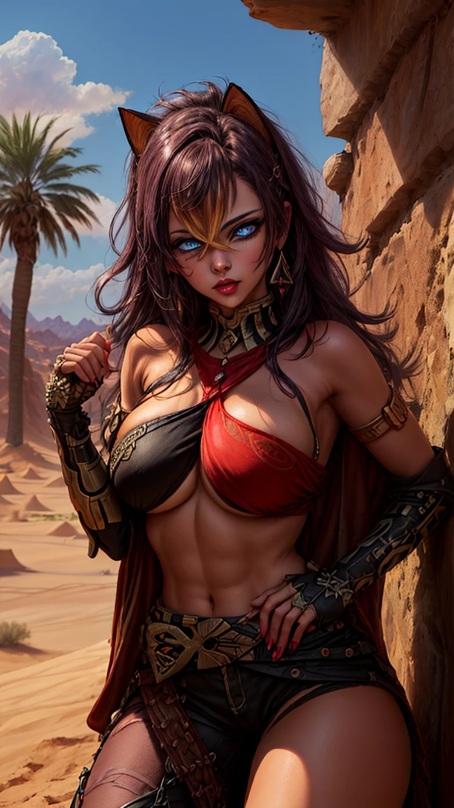 (masterpiece:1.2), best quality, high resolution, unity 8k wallpaper, (illustration:0.8), (beautiful detailed eyes:1.6), extremely detailed face, perfect lighting, extremely detailed CG, (perfect hands, perfect anatomy), leaning forward showing her chest, sexy, NSFW, blush, looking at viewer, small boobs, sexy pose, (in a twilight oasis), (ancient desert). Take care to draw hands with no errors, (no_bad_hands, no_bad_eyes, no_bad_body).