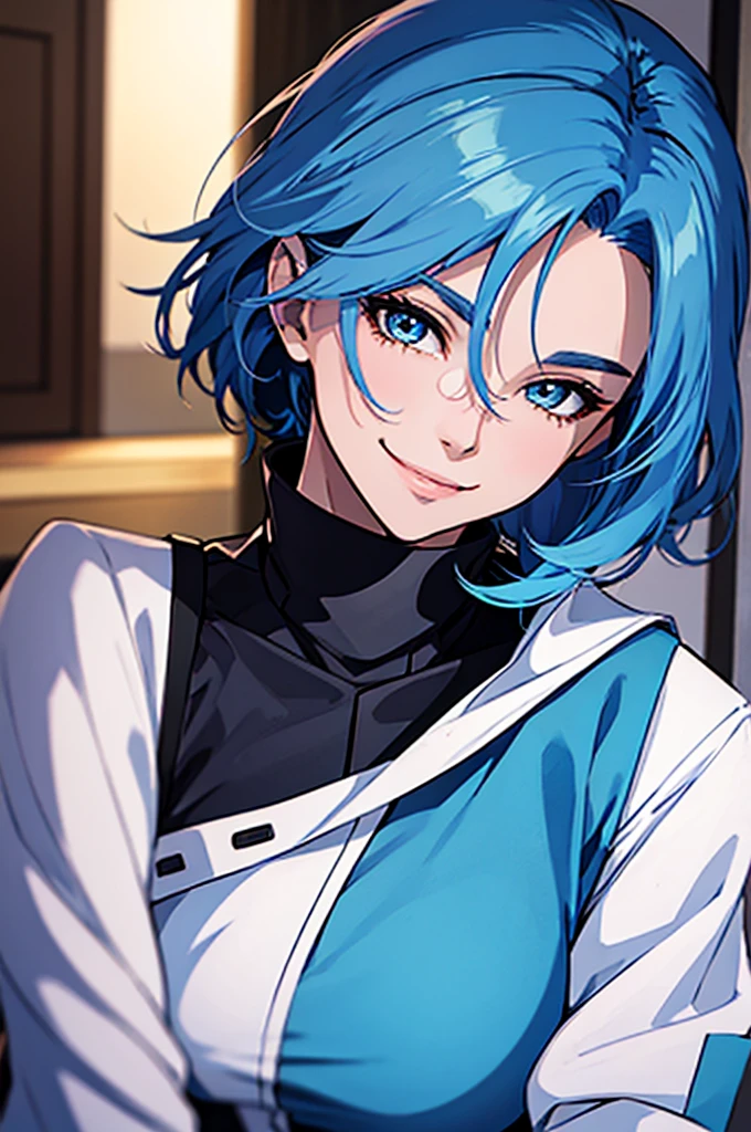 A female anime agent , dressed in attire and with beautiful features, is looking sideways . She has blue hair and a soft smile., and the image captures your entire body
