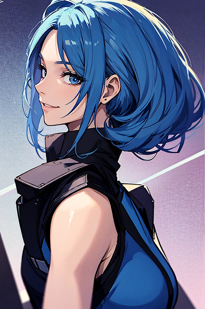 A female anime agent , dressed in attire and with beautiful features, is looking sideways . She has blue hair and a soft smile., and the image captures your entire body
