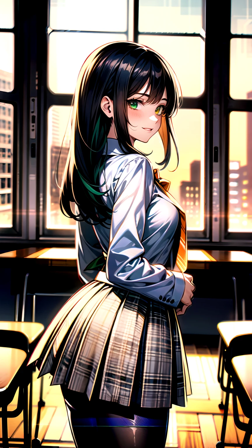 （（super high quality,））（（Ultra-high resolution,））（16K,）（super masterpiece,）（（Ultra HD ,））（Detailed shading,）One mature high school girl,Blue-green blazer,White dress shirt,The second button is open,（（Yellow striped bow tie,））Brown plaid mini skirt,Skirt lifted up,Black long tights,Straight black long hair,Side-swept back hair,Side-swept bangs,（（Orange and green heterochromia,））Sharp Eyes,smile,A classroom illuminated by the setting sun,