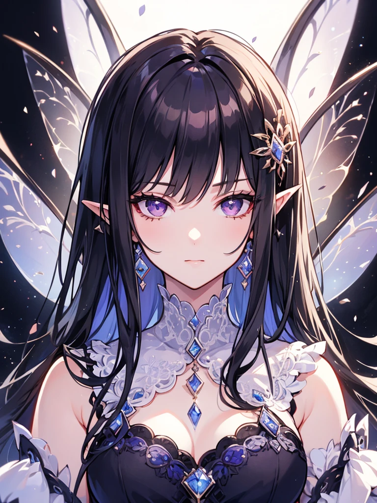 masterpiece, Highest quality, One girl, Super detailed, Ultra-high resolution, Distinct facial features, Anatomically correct, pretty girl, Long pointy ears, Fairy, Nice face,Black Hair, Purple eyes, peace sign, warrior, 