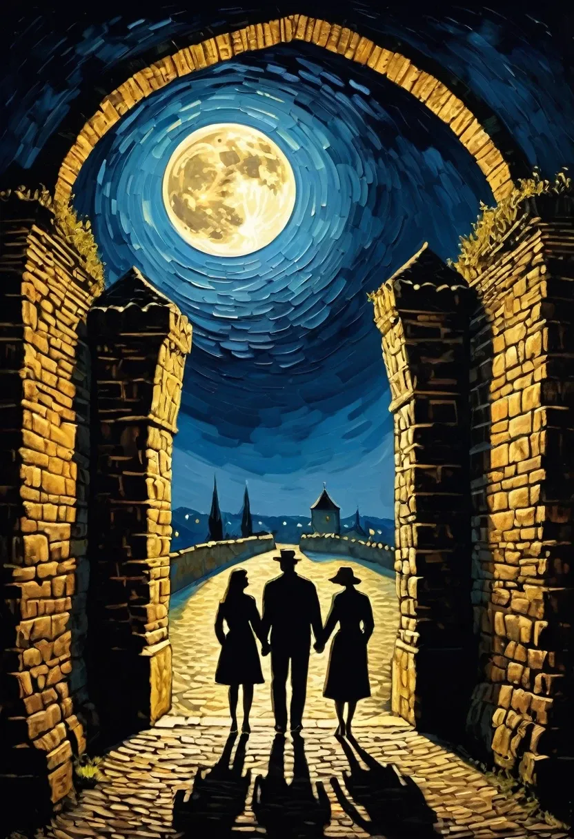 Impressionist painting, Van Gogh style, full moon night, backlight, a couple of men and women standing hand in hand at an ancient castle gate, the couple looks like a shadow puppet, oil painting, retro feel,