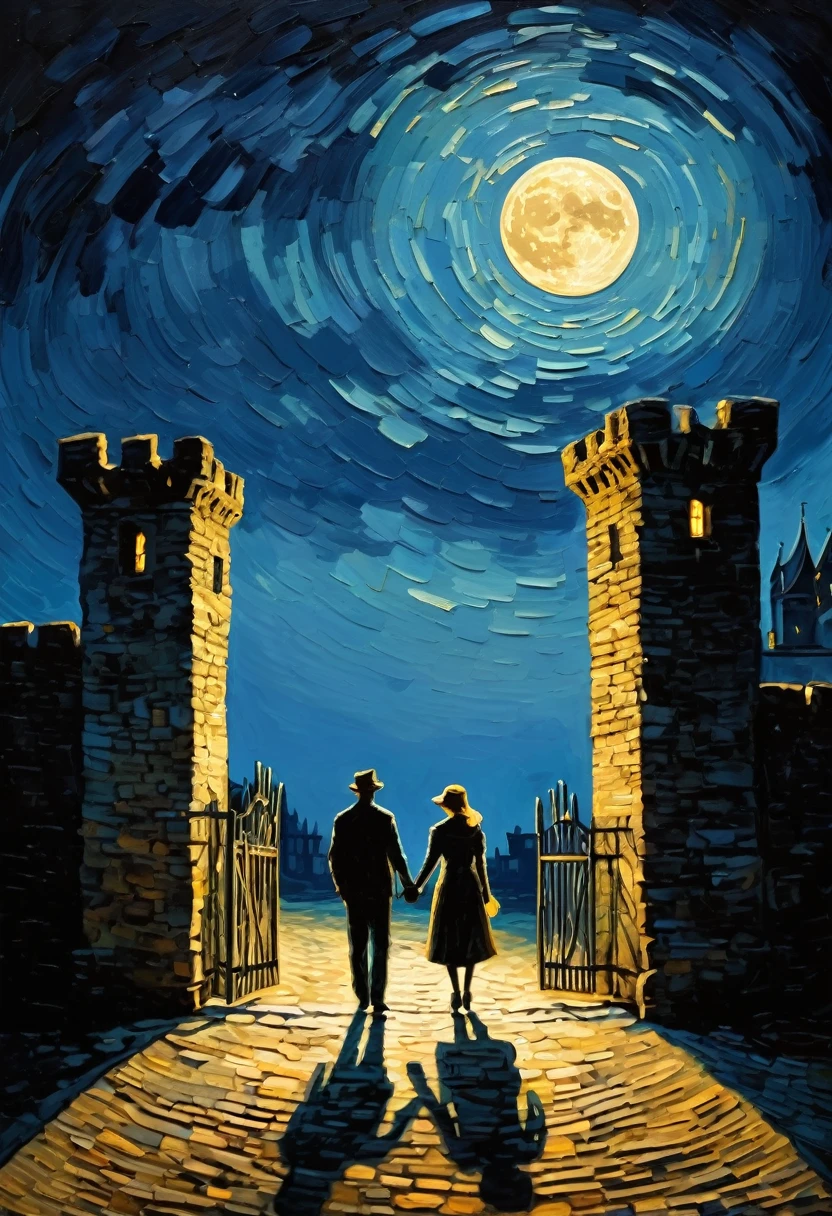 Impressionist painting, Van Gogh style, full moon night, backlight, a couple of men and women standing hand in hand at an ancient castle gate, the couple looks like a shadow puppet, oil painting, retro feel,