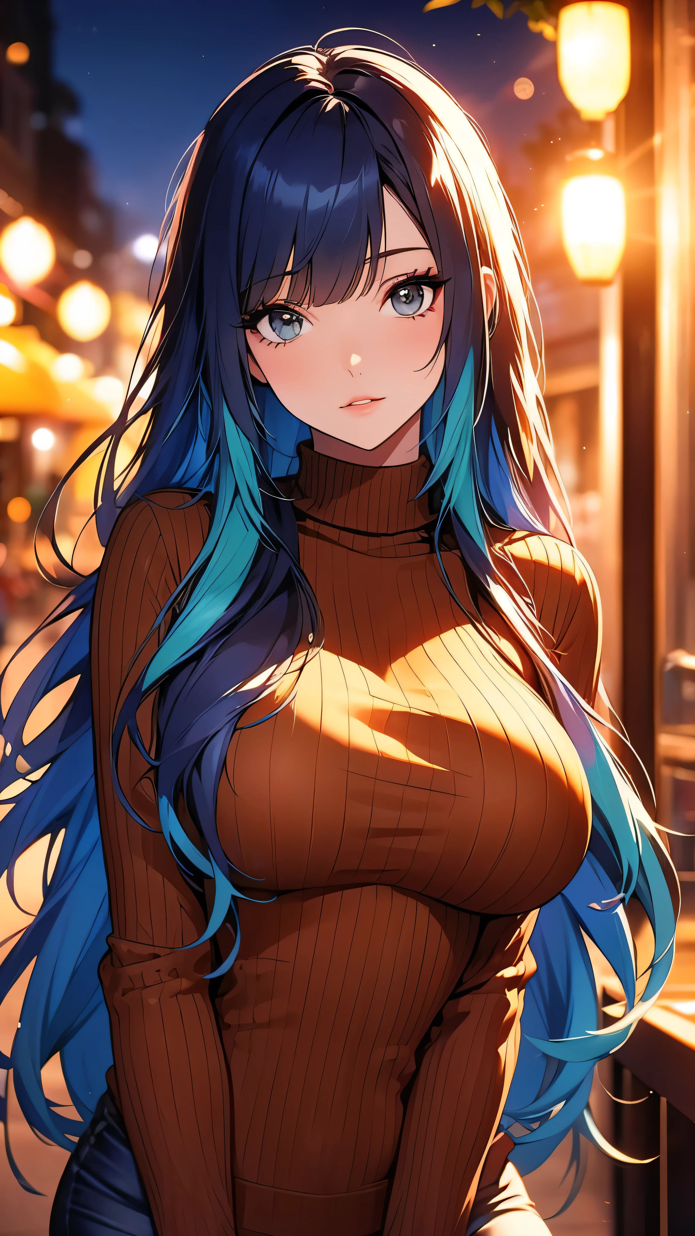 A mature, NSFW young woman with huge breasts, covered nipples, camel toe, and multicolored hair, on a date at night. She has a cute emo style, with long hair, blunt bangs, and a sweater. The image is blurred with a shallow depth of field, focusing on the girl's upper body and face, which is looking directly at the viewer. The background is blurred, with a full moon, bokeh, and lens flare effects. The lighting is realistic, with the girl lit by a mix of moonlight and artificial lights.