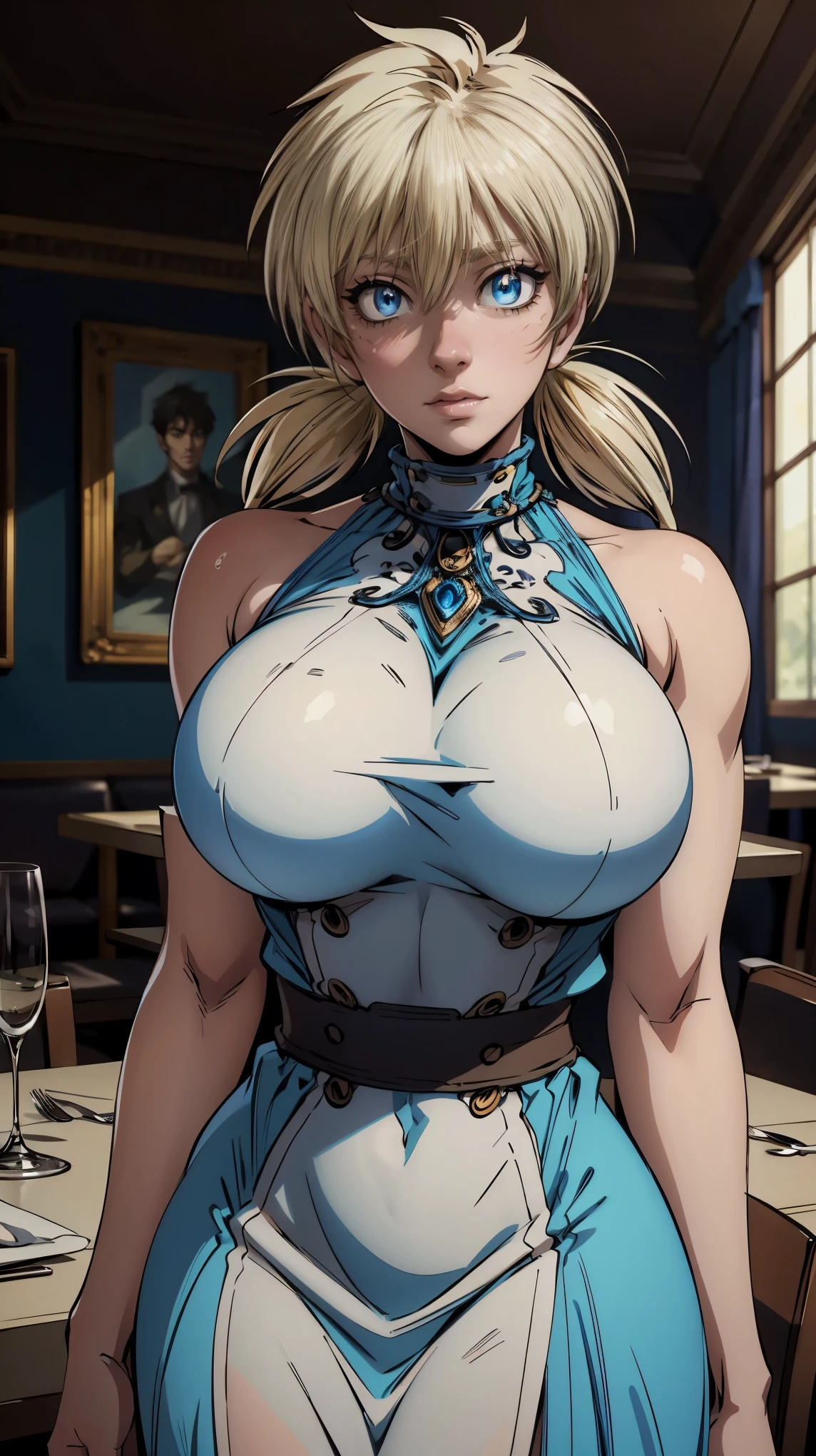 Anime style, Painting, absurderes、perfect anatomia、Lucy、wearing blue luxury gown ,, restaurant scene, Masterpiece, RAW Photography, 8k, Top Quality, Fine Pore, Photorealistic, Ultra Detailed, (high skin detail:1.2),Extremely detailed,Intricate, sharp-focus, seras, Detailed face, Detailed eyes, perfect face, perfect eyes, breasts, huge breasts,  twintails 