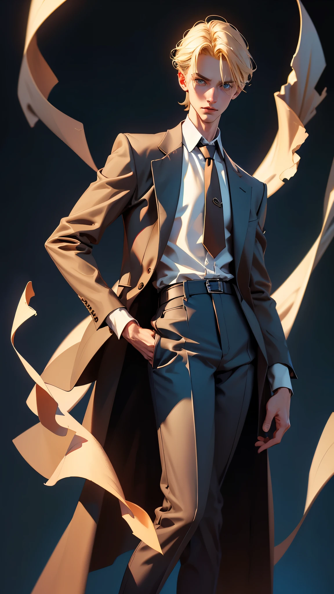 envision a 8k, highres, cinematic, detailed, semi realistic full body pinup of a handsome slender skinny man, with Sleek short blonde hair, blue eyes, brown cotton pants, casual cloth coat, casual vest, collard shirt, in dark lighting, against a dark background